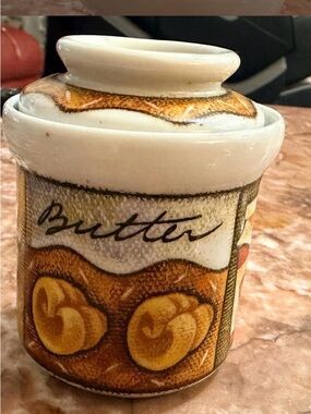 Jolie Ceramic Butter Jar in Cream and Brown with Golden Accent